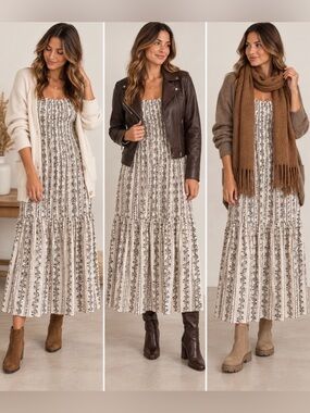 Sim & Sam Floral Stripe Maxi Dress Boho Smocked Midi Maxi Size M